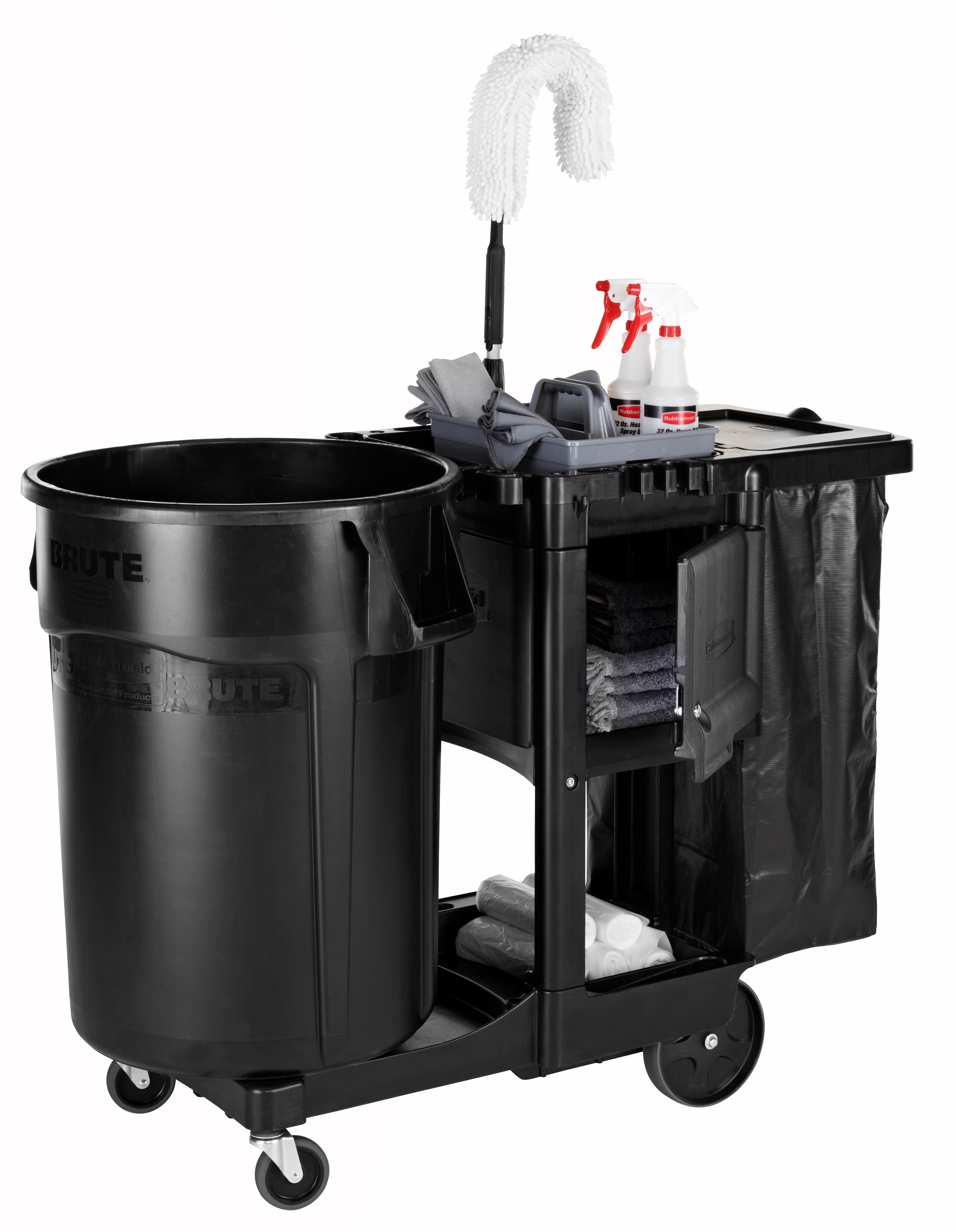 The Traditional Janitorial Cleaning Cart with zippered vinyl bag collects waste and transports tools for efficient cleaning.