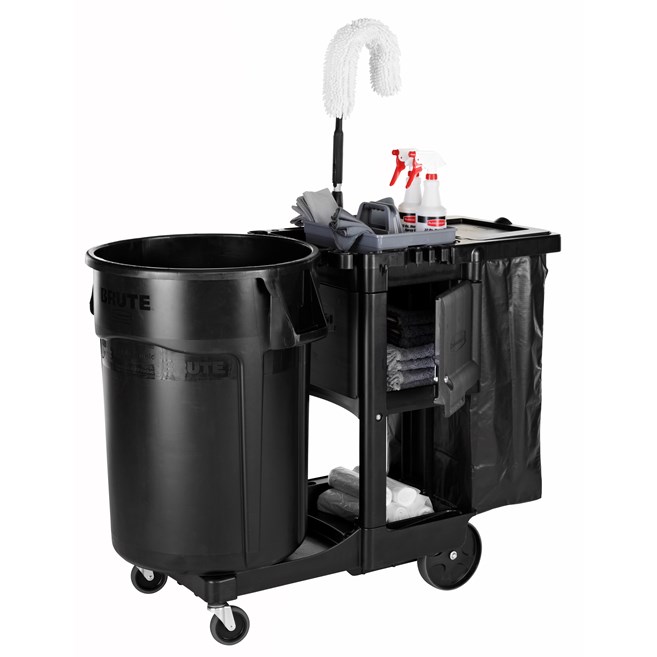 The Traditional Janitorial Cleaning Cart with zippered vinyl bag collects waste and transports tools for efficient cleaning.