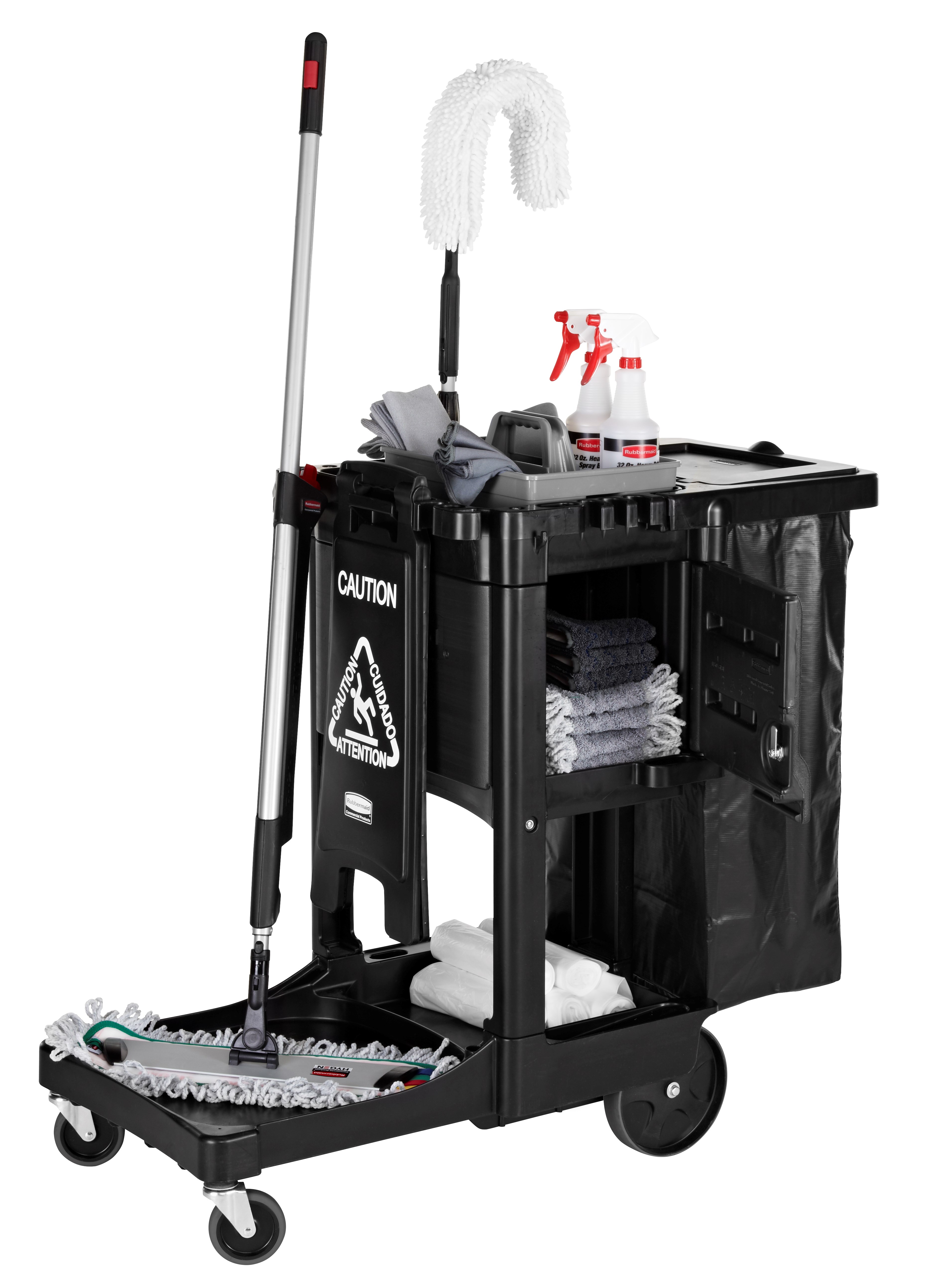 The Traditional Janitorial Cleaning Cart with zippered vinyl bag collects waste and transports tools for efficient cleaning.