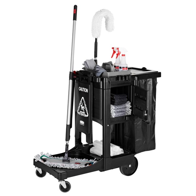 The Traditional Janitorial Cleaning Cart with zippered vinyl bag collects waste and transports tools for efficient cleaning.