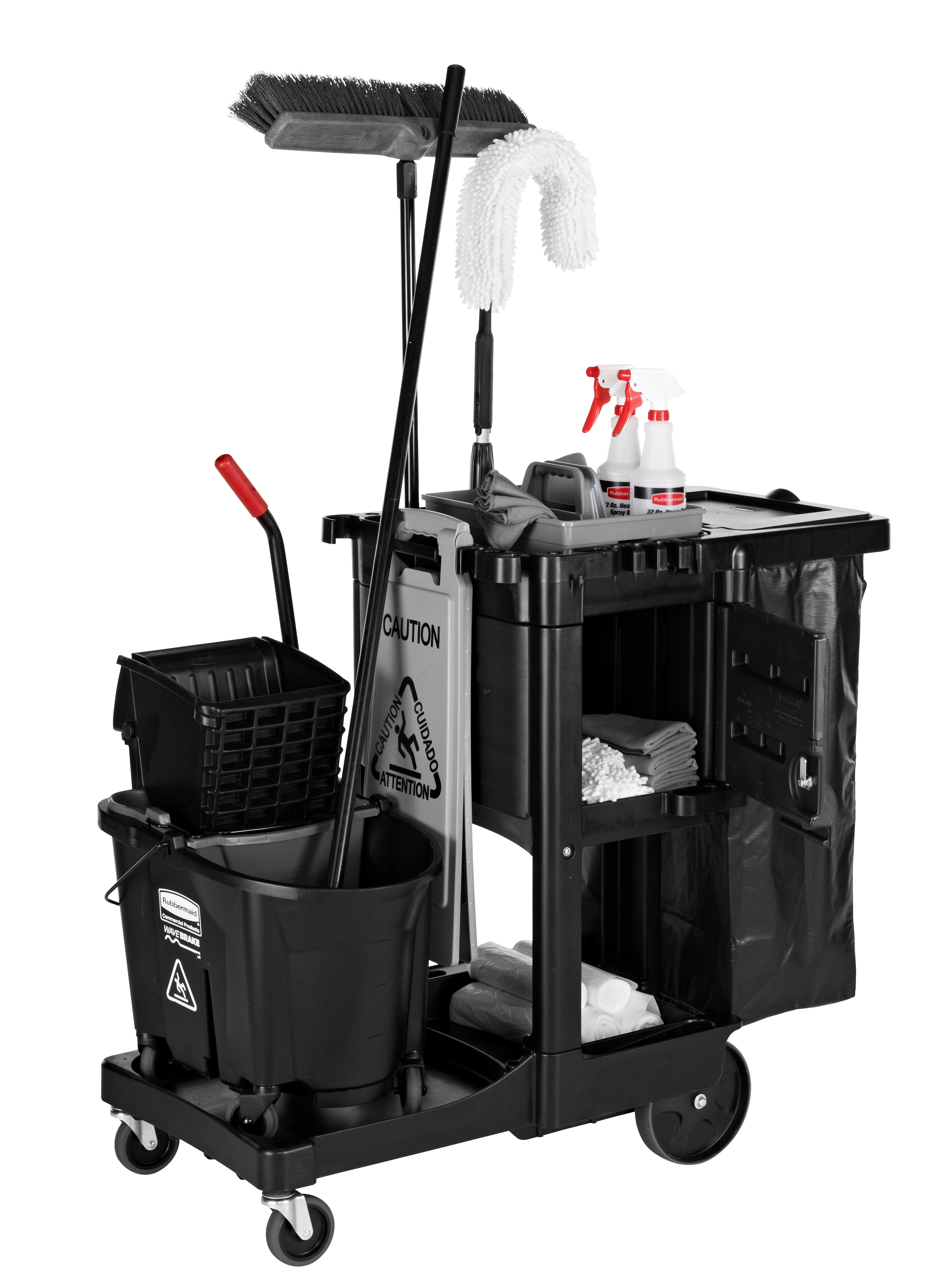 The Traditional Janitorial Cleaning Cart with zippered vinyl bag collects waste and transports tools for efficient cleaning.