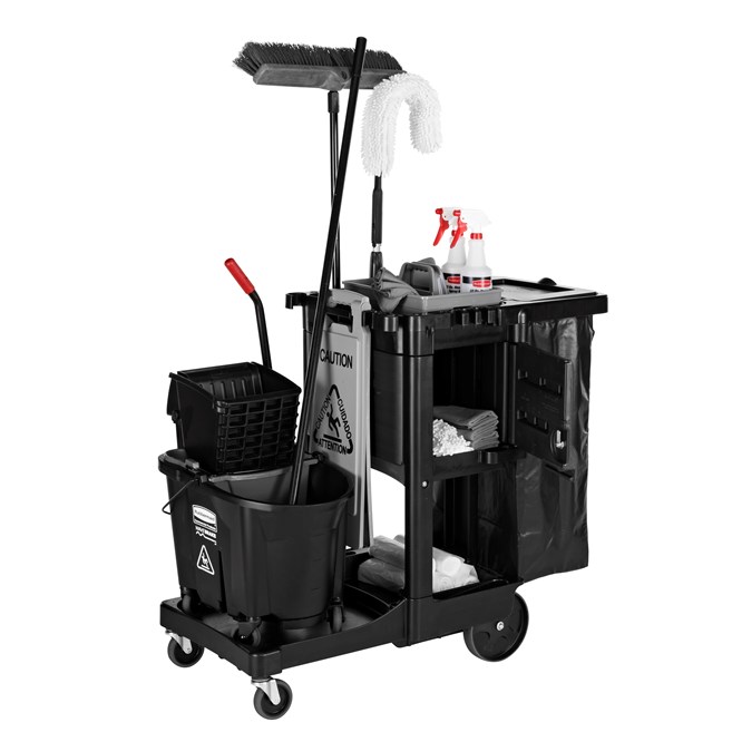 The Traditional Janitorial Cleaning Cart with zippered vinyl bag collects waste and transports tools for efficient cleaning.