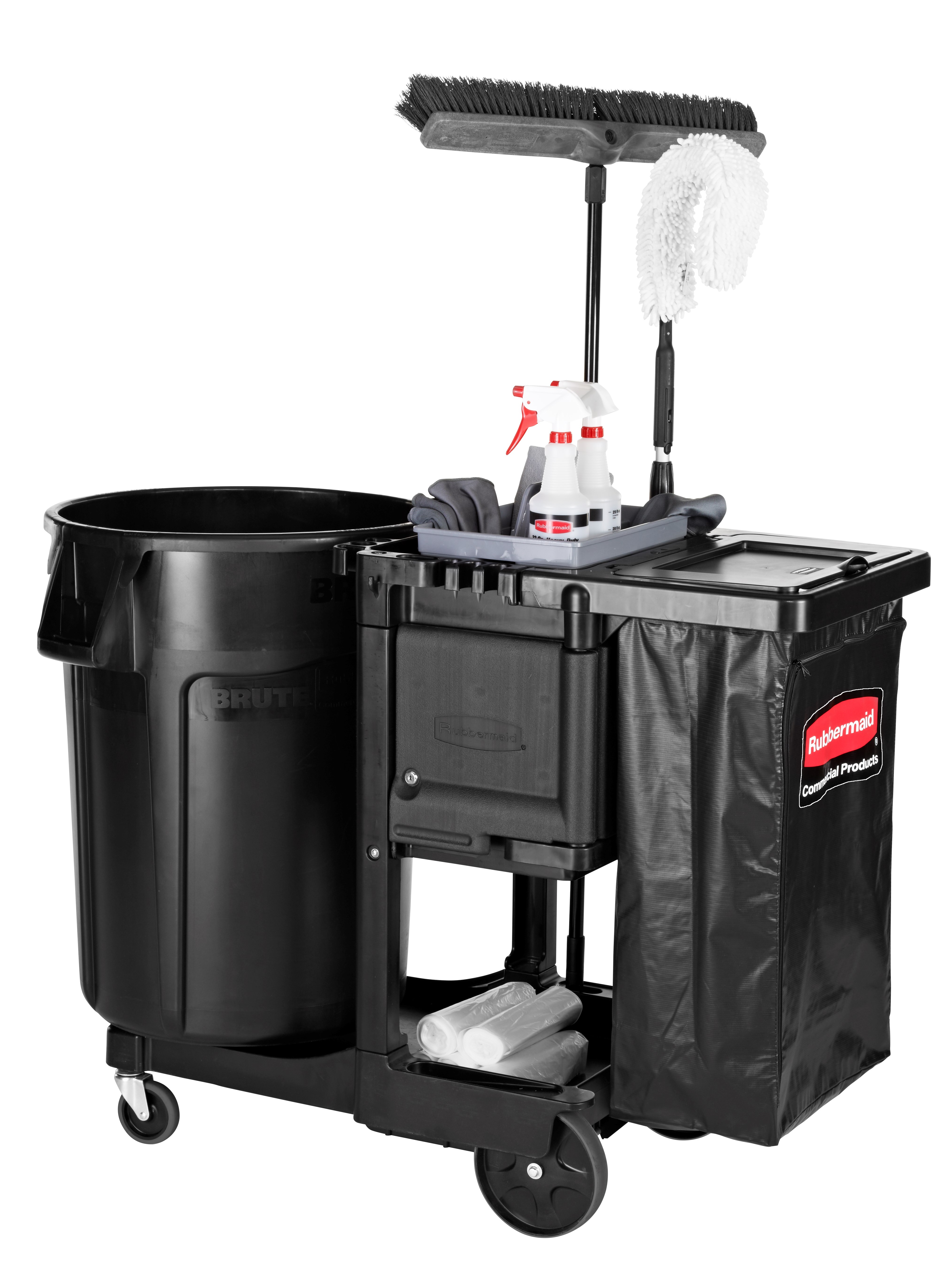 The Traditional Janitorial Cleaning Cart with zippered vinyl bag collects waste and transports tools for efficient cleaning.