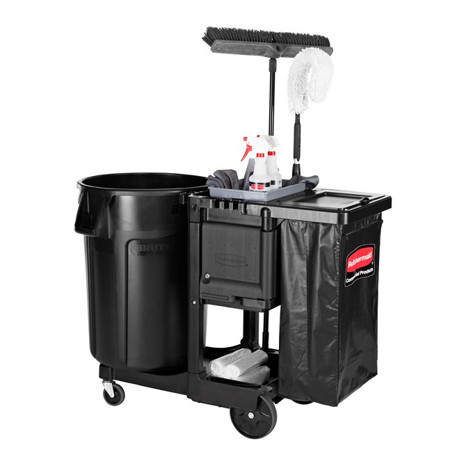 The Traditional Janitorial Cleaning Cart with zippered vinyl bag collects waste and transports tools for efficient cleaning.