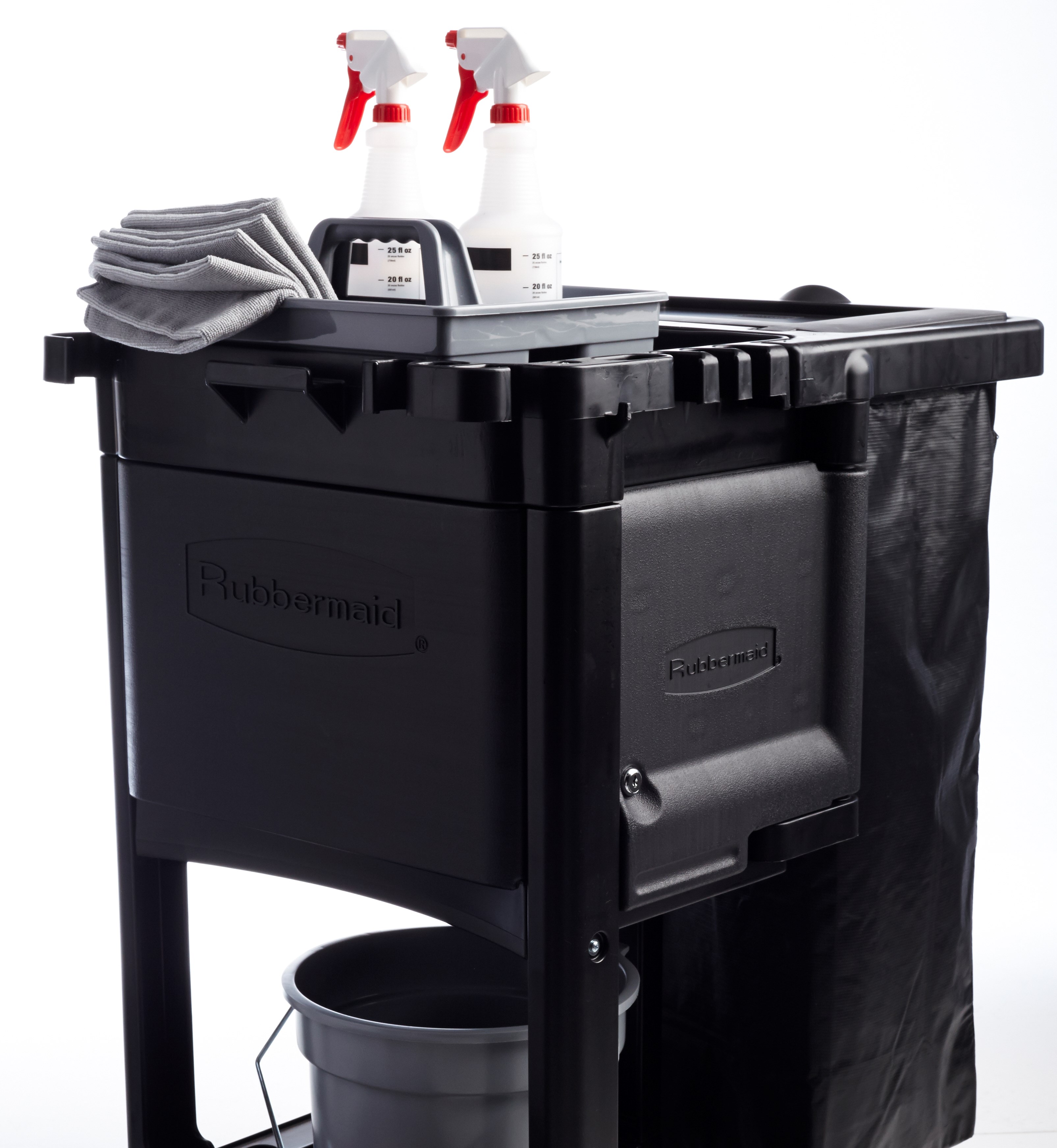 The Traditional Janitorial Cleaning Cart with zippered vinyl bag collects waste and transports tools for efficient cleaning.