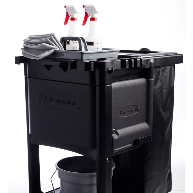 The Traditional Janitorial Cleaning Cart with zippered vinyl bag collects waste and transports tools for efficient cleaning.