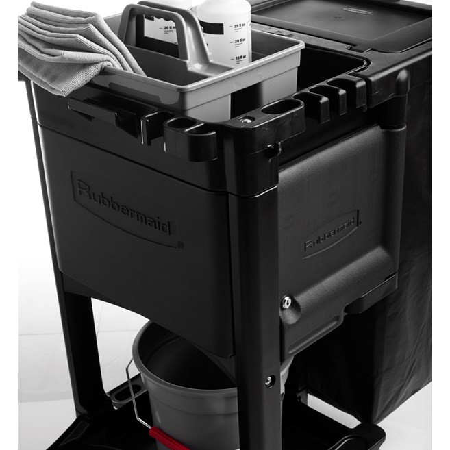 The Traditional Janitorial Cleaning Cart with zippered vinyl bag collects waste and transports tools for efficient cleaning.