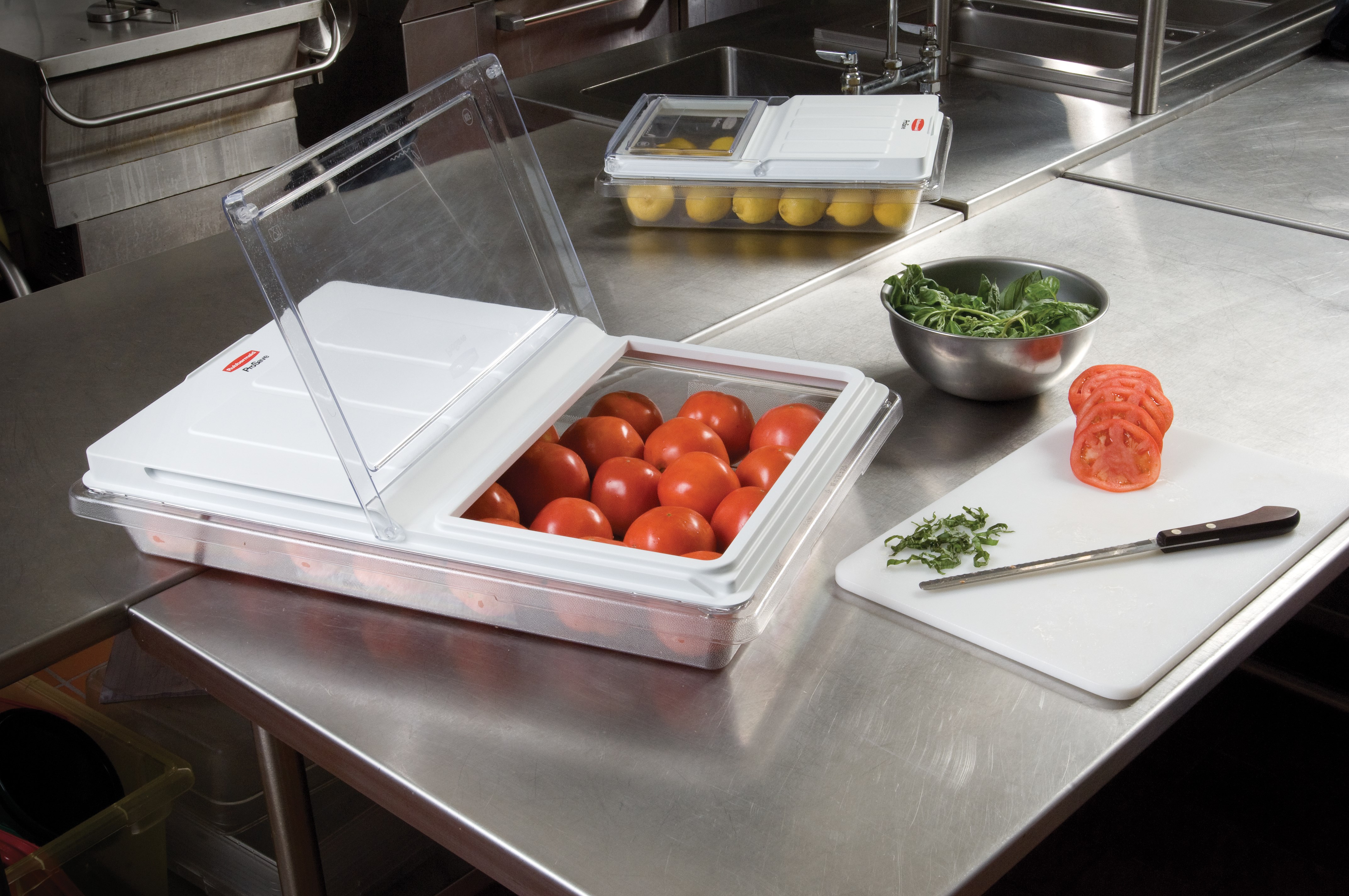 ProSave® Sliding lid helps provide an integrated solution by fitting on all clear food boxes.  The lid slides back or flips up for proper food storage and easy access.