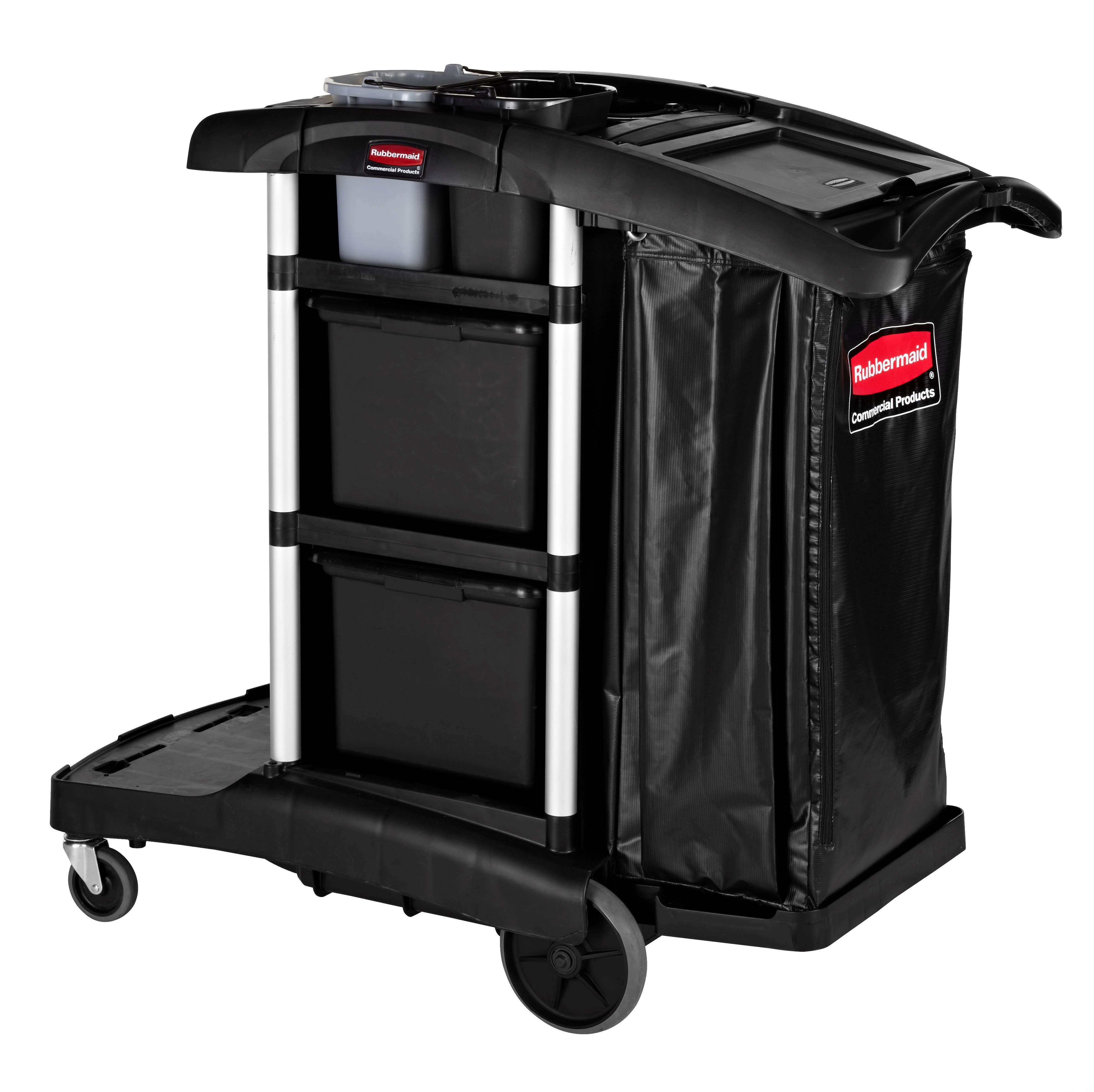 The Rubbermaid Commerical Products Executive Janitorial Cleaning Cart provides discreet removable storage bins that offer more storage and organization while leaving room for customization.