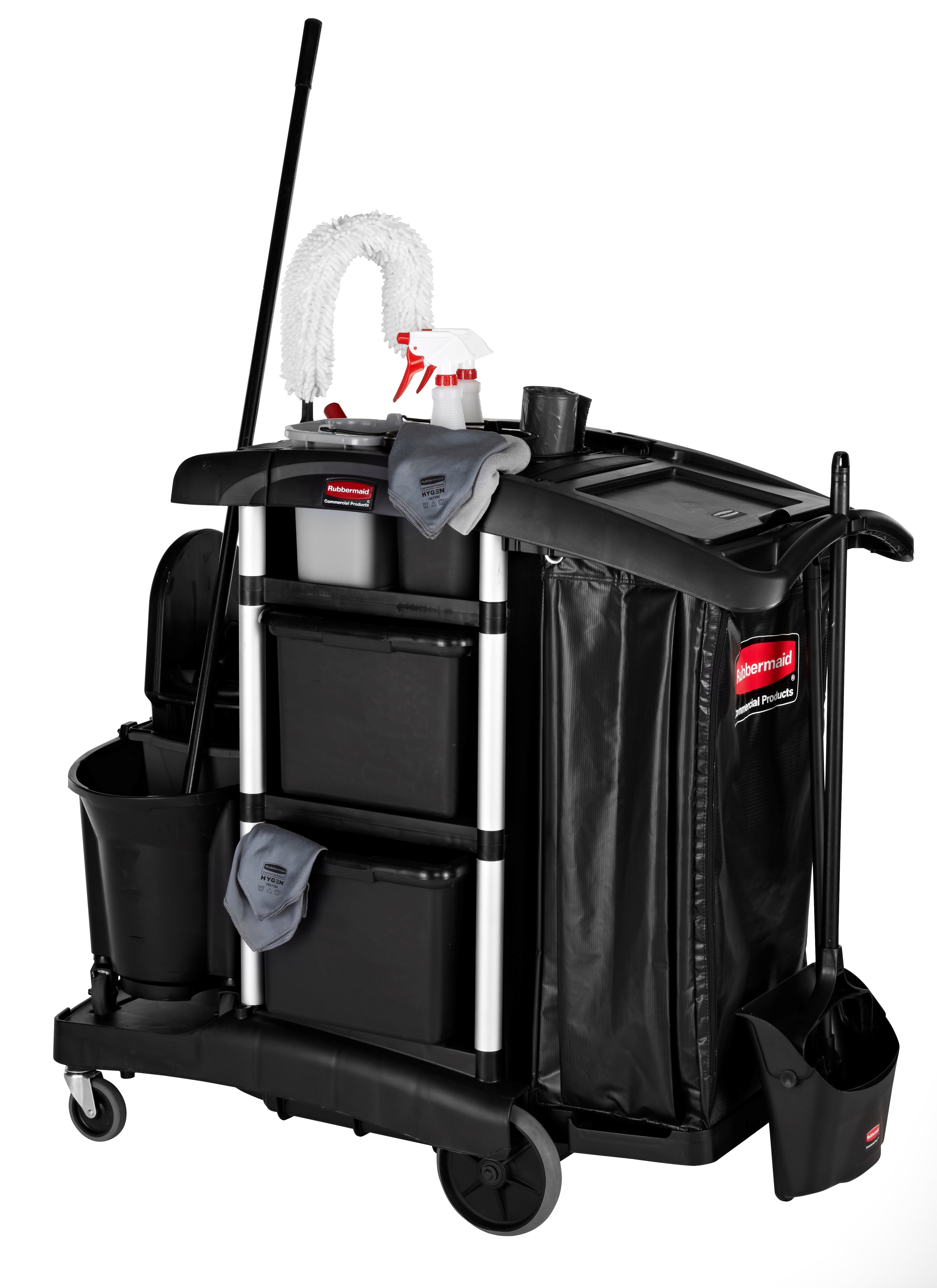 The Rubbermaid Commerical Products Executive Janitorial Cleaning Cart provides discreet removable storage bins that offer more storage and organization while leaving room for customization.