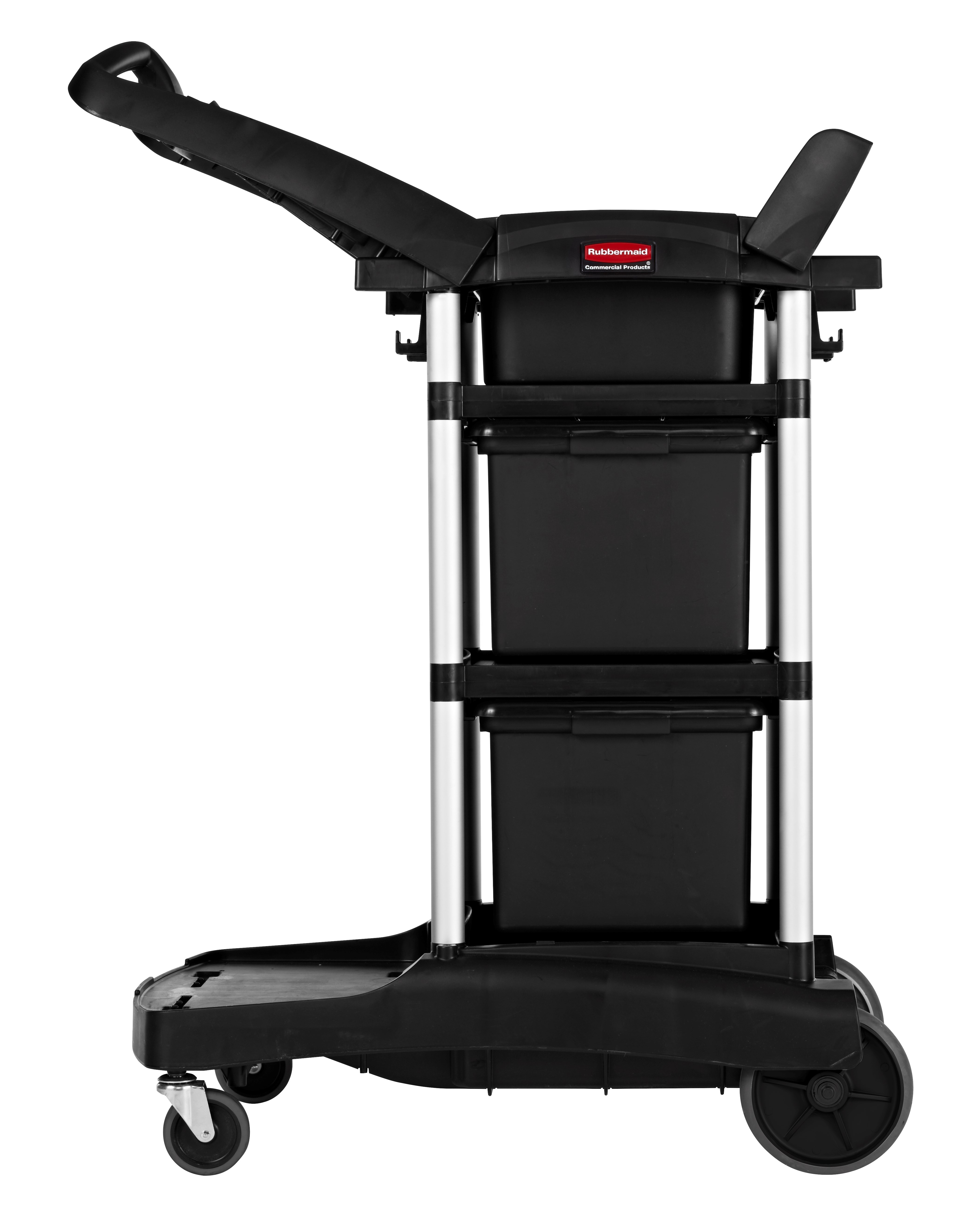 The Rubbermaid Commerical Products Executive Janitorial Cleaning Cart provides discreet removable storage bins that offer more storage and organization while leaving room for customization.