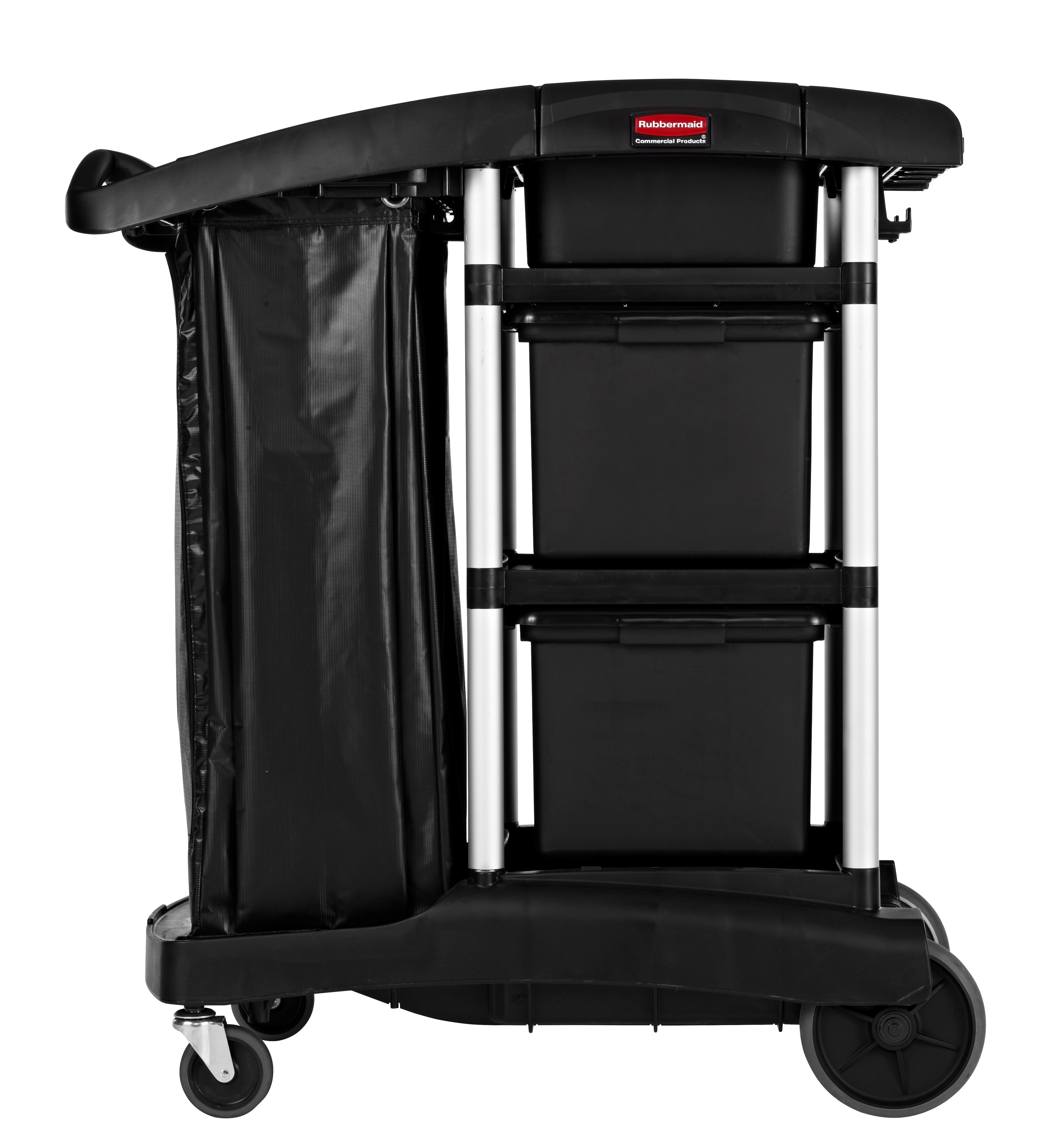 The Rubbermaid Commerical Products Executive Janitorial Cleaning Cart provides discreet removable storage bins that offer more storage and organization while leaving room for customization.