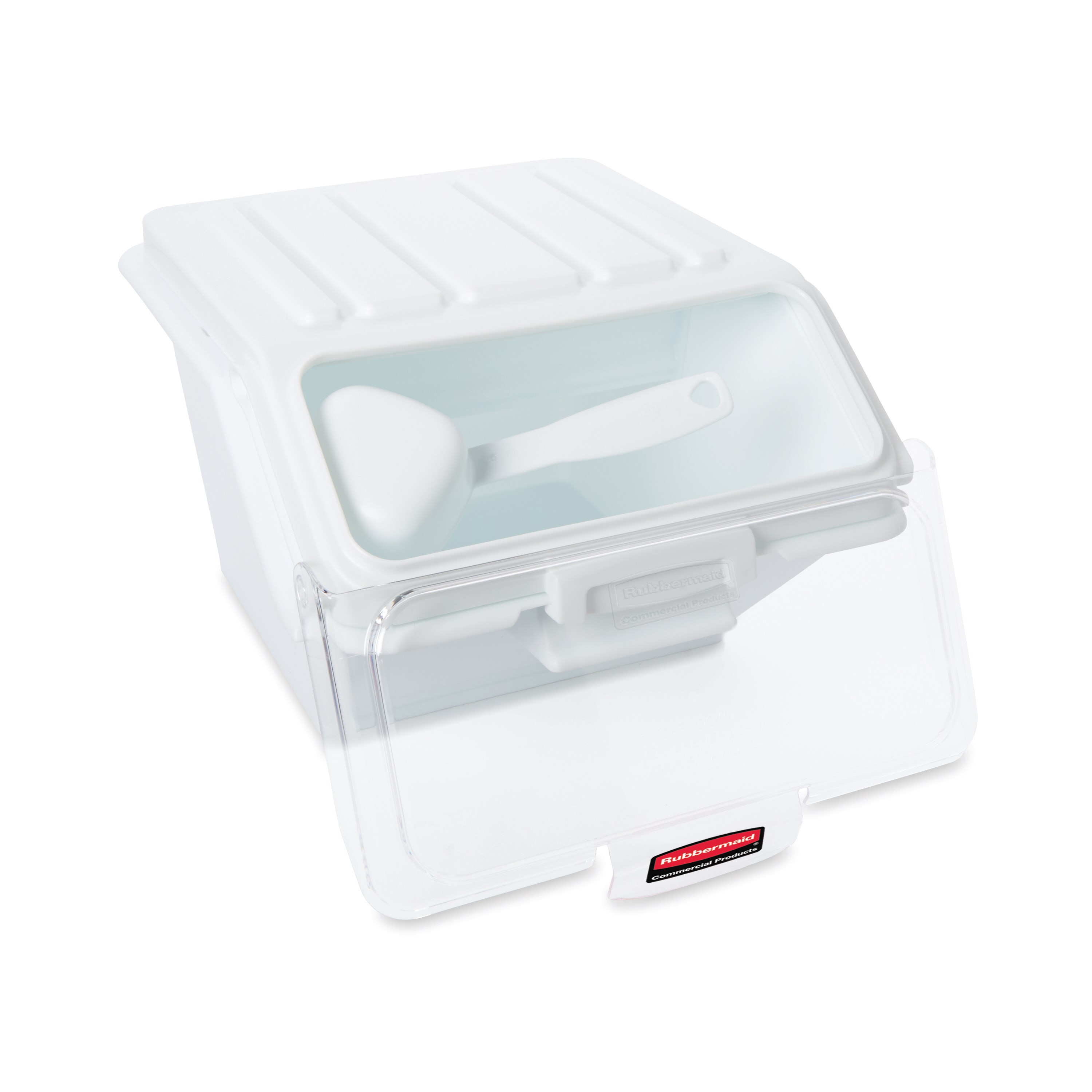 The Rubbermaid Commercial Shelf Ingredient Bin with Scoop offers quick one-handed access while stacked and an integrated measuring tool that increases preparation efficiency, space optimization, and promotes food safety compliance.