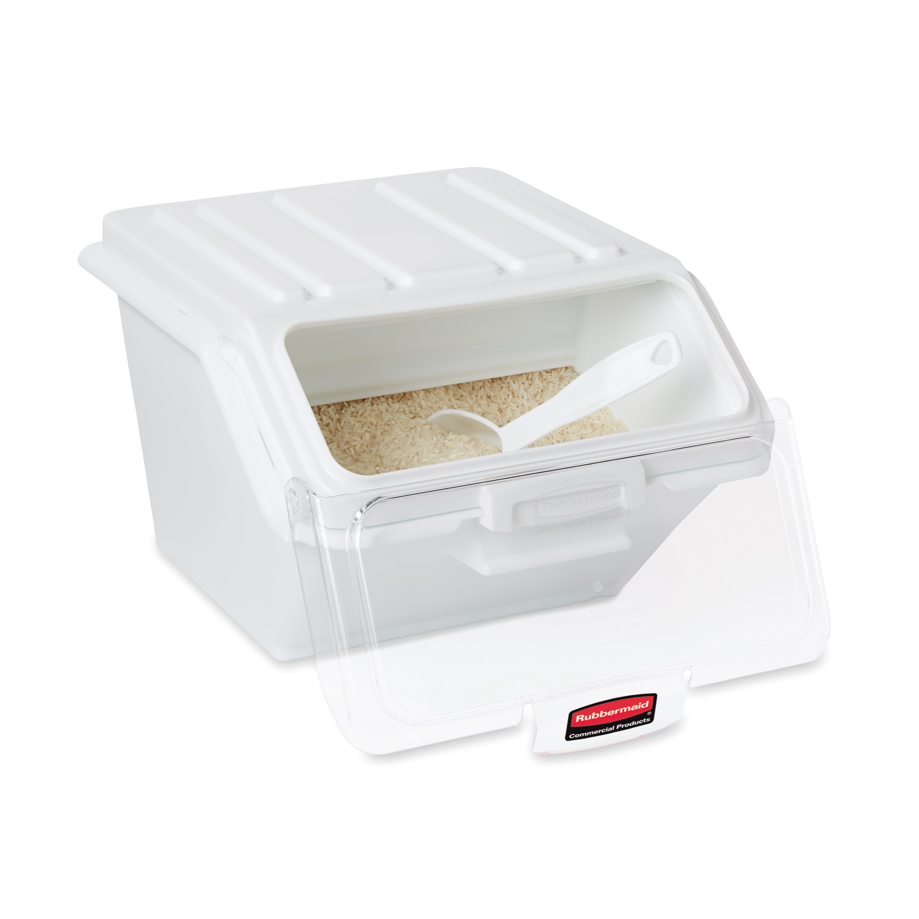 The Rubbermaid Commercial Shelf Ingredient Bin with Scoop offers quick one-handed access while stacked and an integrated measuring tool that increases preparation efficiency, space optimization, and promotes food safety compliance.