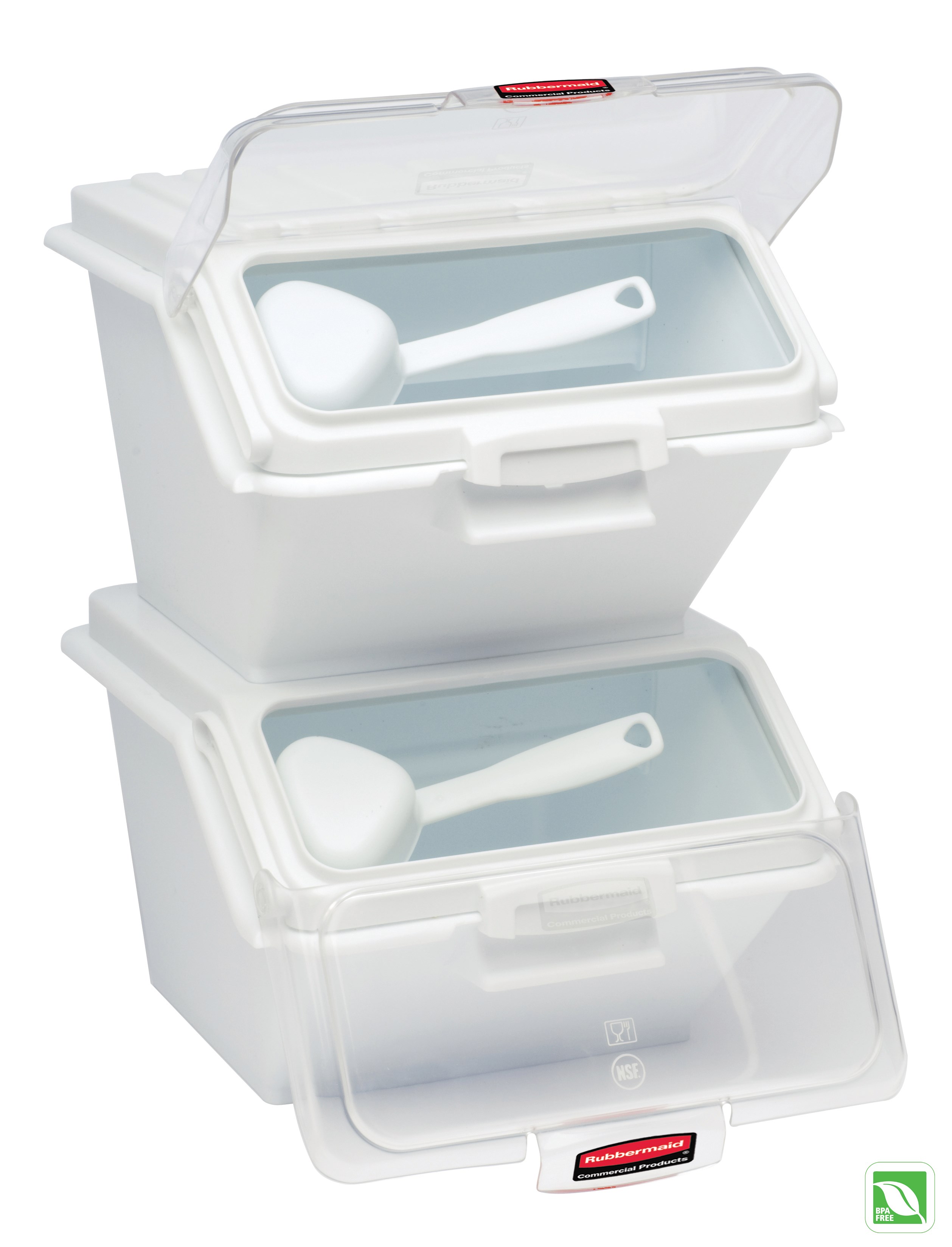 The Rubbermaid Commercial Shelf Ingredient Bin with Scoop offers quick one-handed access while stacked and an integrated measuring tool that increases preparation efficiency, space optimization, and promotes food safety compliance.