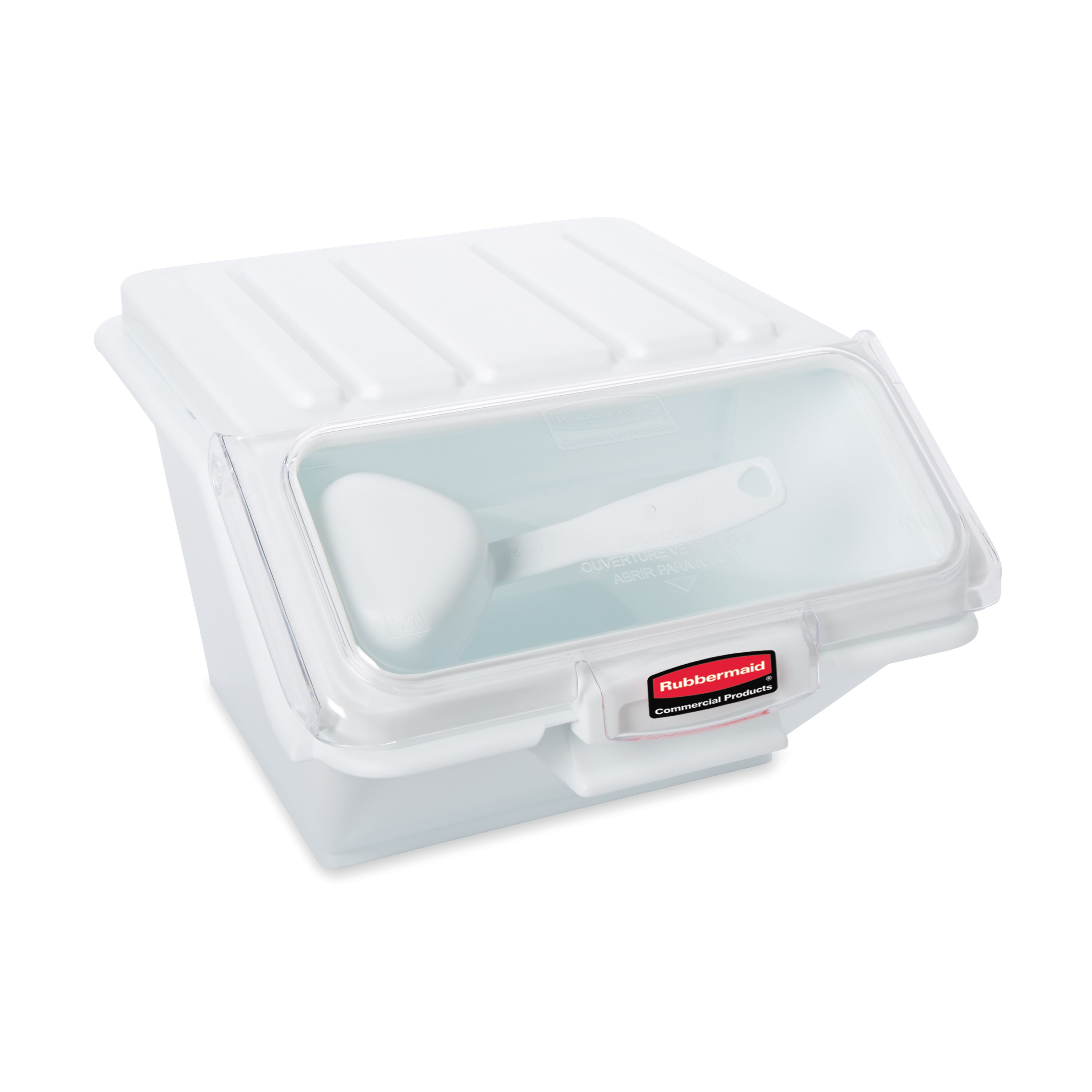 The Rubbermaid Commercial Shelf Ingredient Bin with Scoop offers quick one-handed access while stacked and an integrated measuring tool that increases preparation efficiency, space optimization, and promotes food safety compliance.