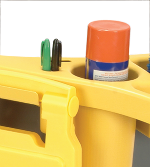 The Rubbermaid Commercial BRUTE® Rim Caddy snaps securely onto the rim of  167 l BRUTE® Containers.