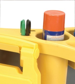 The Rubbermaid Commercial BRUTE® Rim Caddy snaps securely onto the rim of  44 Gallon BRUTE® Containers.