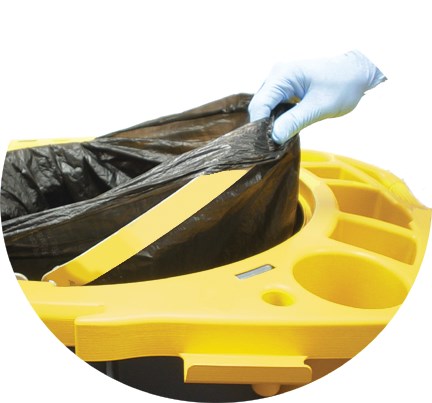 The Rubbermaid Commercial BRUTE® Rim Caddy snaps securely onto the rim of  44 Gallon BRUTE® Containers.