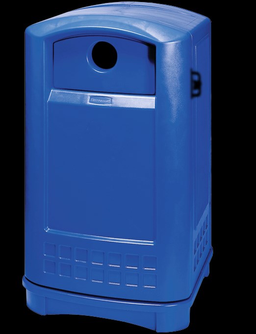 The Plaza® Bottle/Can Recycling Container offers contemporary styling with a side-opening door for "no lift" waste removal.