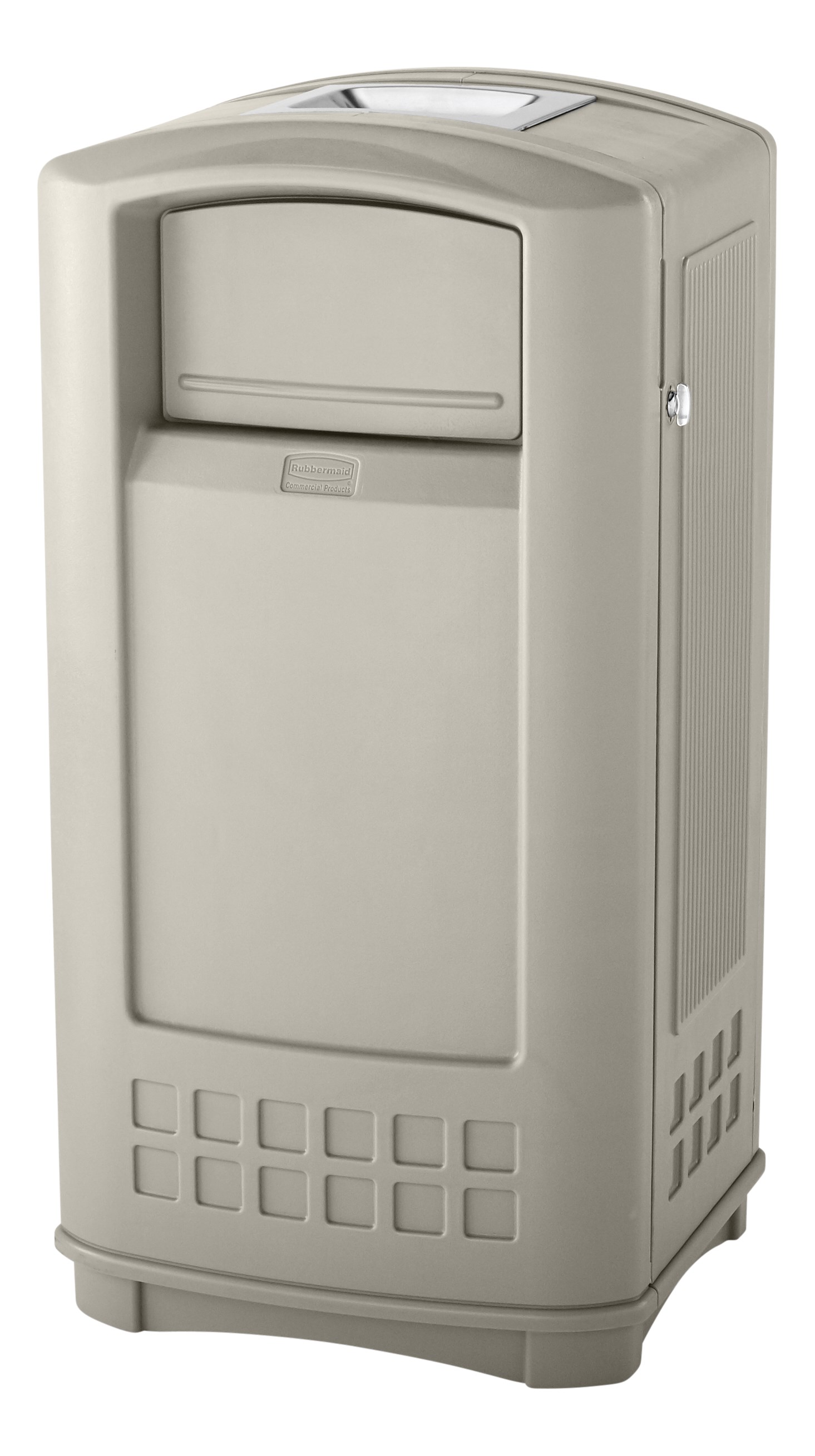 The Rubbermaid Commercial Plaza® Jr. Trash Can offers contemporary styling with a side-opening door for ergonomic waste emptying.