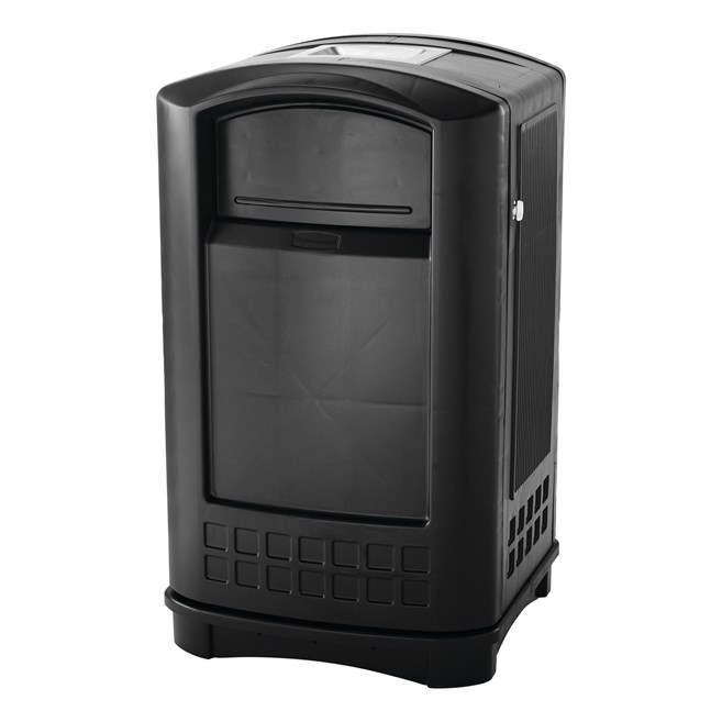 The Rubbermaid Commercial Plaza® Trash Can offers contemporary styling with a side-opening door for ergonomic waste emptying.