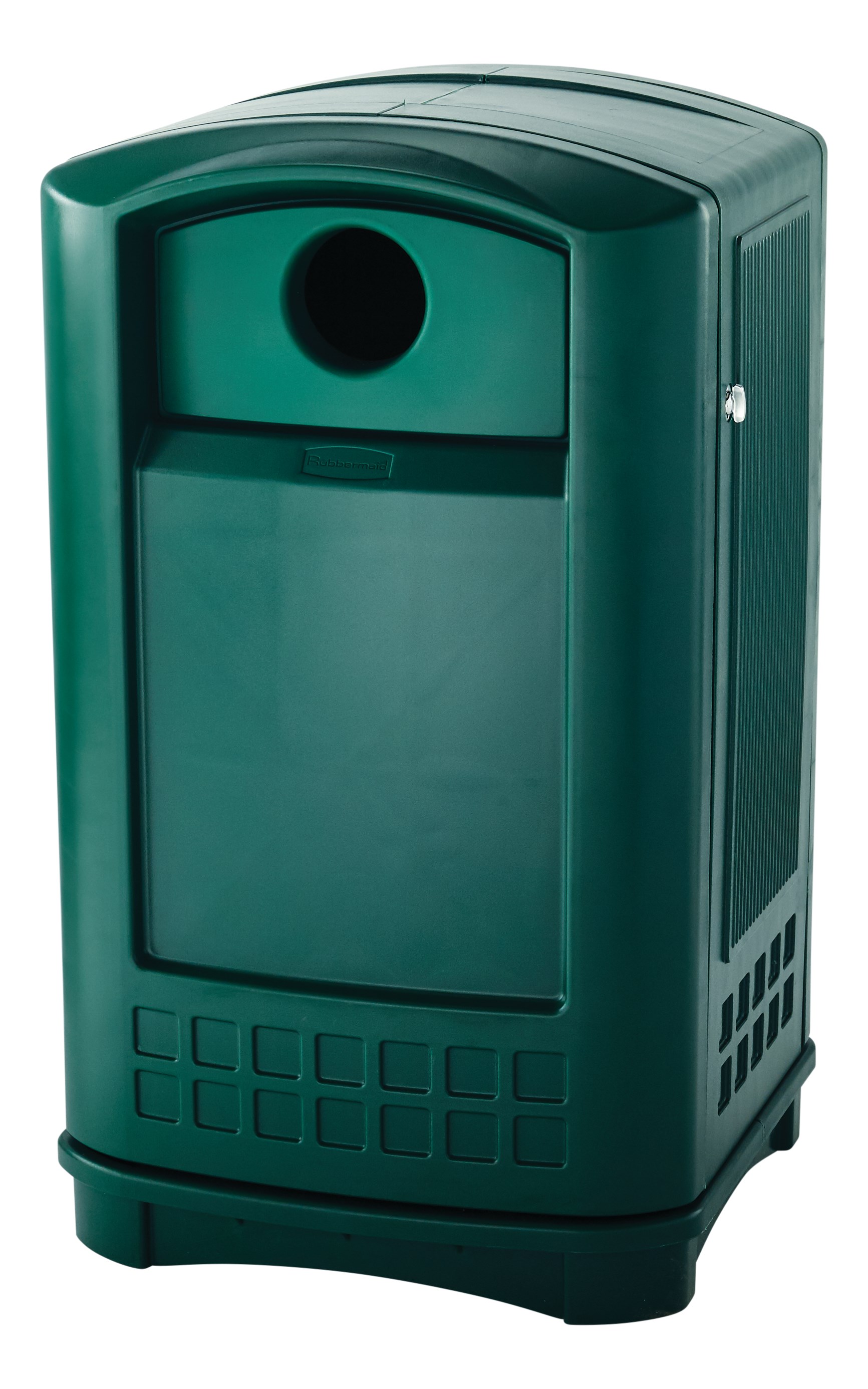 The Rubbermaid Commercial Plaza® Bottle and Can Recycling Container offers contemporary styling with a side-opening door for ergonomic waste emptying.