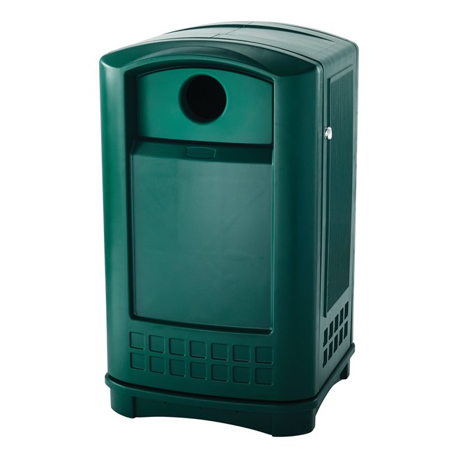 The Rubbermaid Commercial Plaza® Bottle and Can Recycling Container offers contemporary styling with a side-opening door for ergonomic waste emptying.