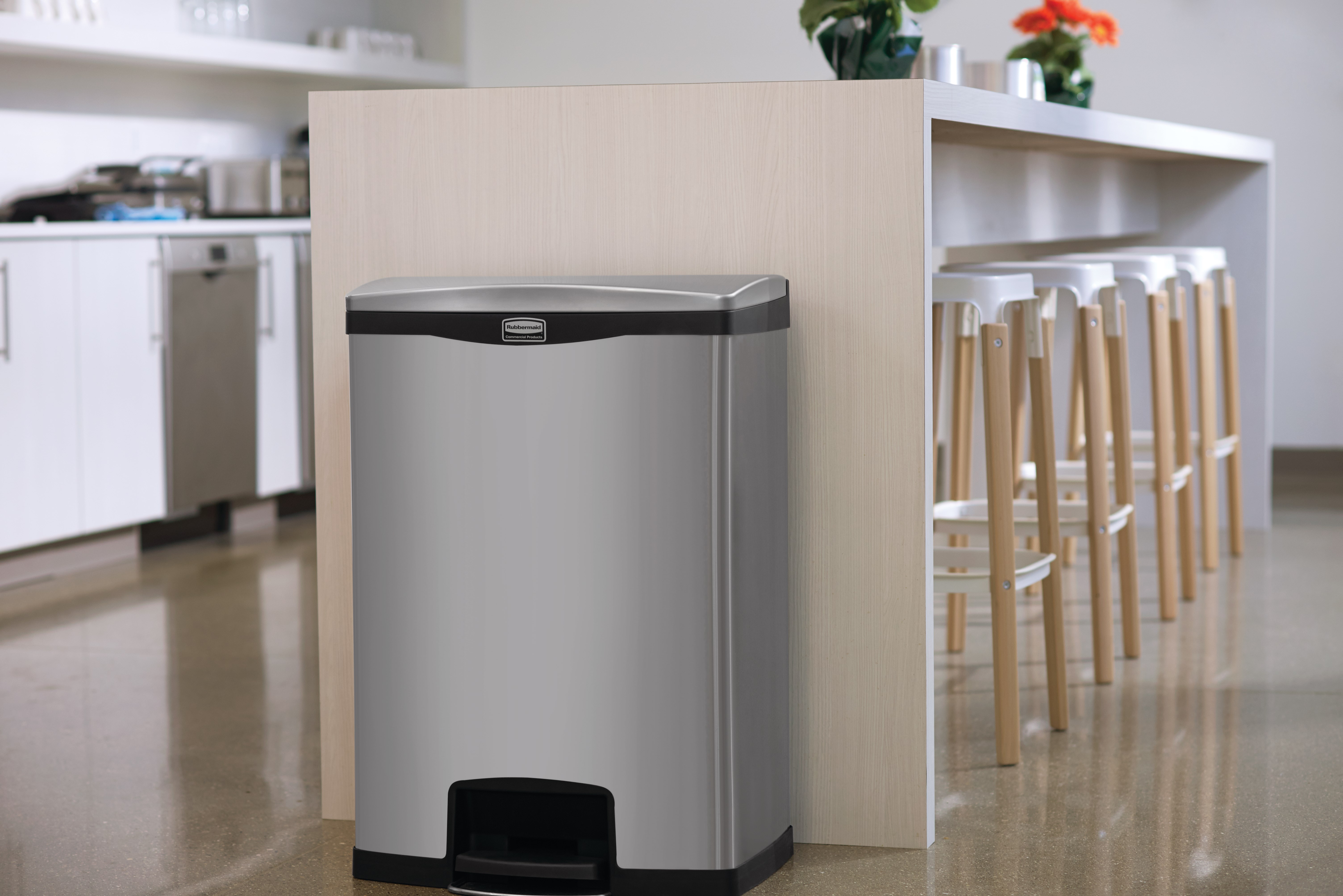 The Rubbermaid Commercial Impressions™ Step-On Container features a slim profile and small footprint to fit in tightest spaces. Impressions™ Step-On containers are constructed with premium-quality materials and meet the needs of any environment with efficiency, safety, and durability.