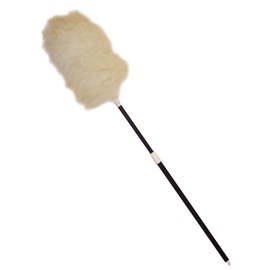 The duster with telescoping black plastic handle has a lamb's wool head. The plastic handle is durable easy to use. Ideal for commercial, industrial, and home environments. Its handle extends to clean hard-to-reach surfaces or high ceilings.