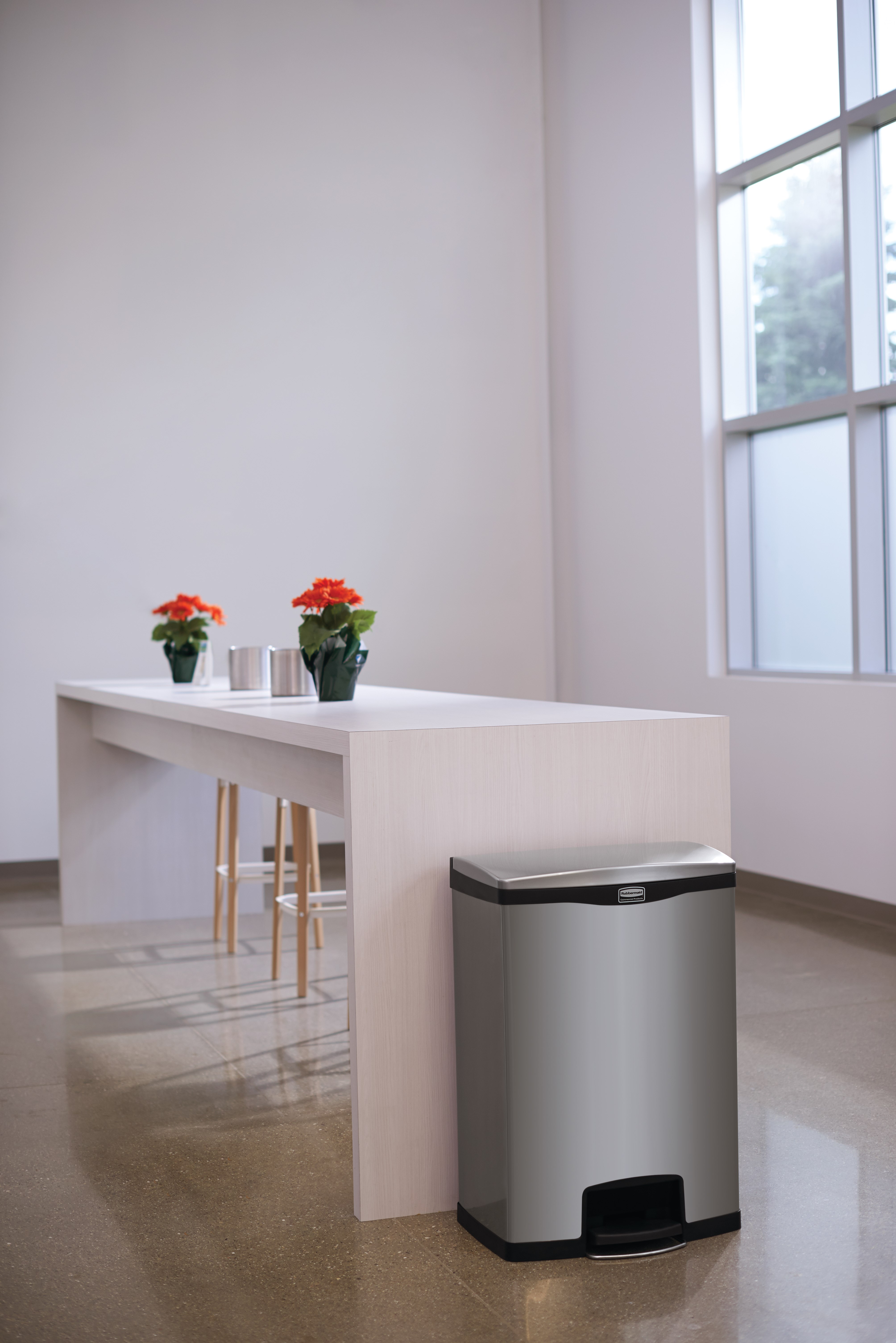 The Rubbermaid Commercial Impressions™ Step-On Container features a slim profile and small footprint to fit in tightest spaces. Impressions™ Step-On containers are constructed with premium-quality materials and meet the needs of any environment with efficiency, safety, and durability.