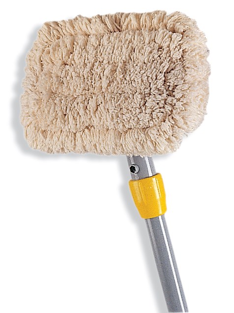 The wall washer kit features an aluminum handle with a pivoting head for smooth, even control. The raised-ribbed design works with either side pressure or downward pressure mop wringers, and the pads can be removed easily for convenient washing, making them ideal for commercial use.