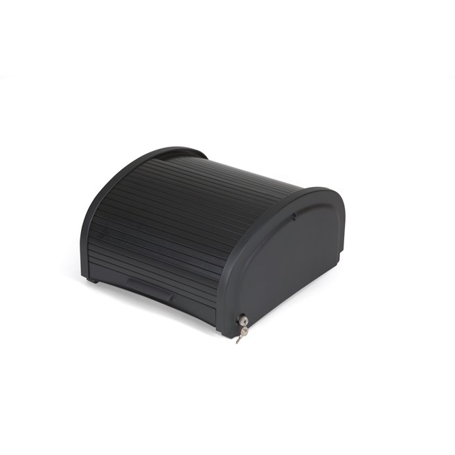 The Executive Locking Hood is made for the High-Capacity Janitorial Cleaning Cart to secure and conceal supplies stored on the top of the cart, while still enabling access to supplies on both sides of the cart.