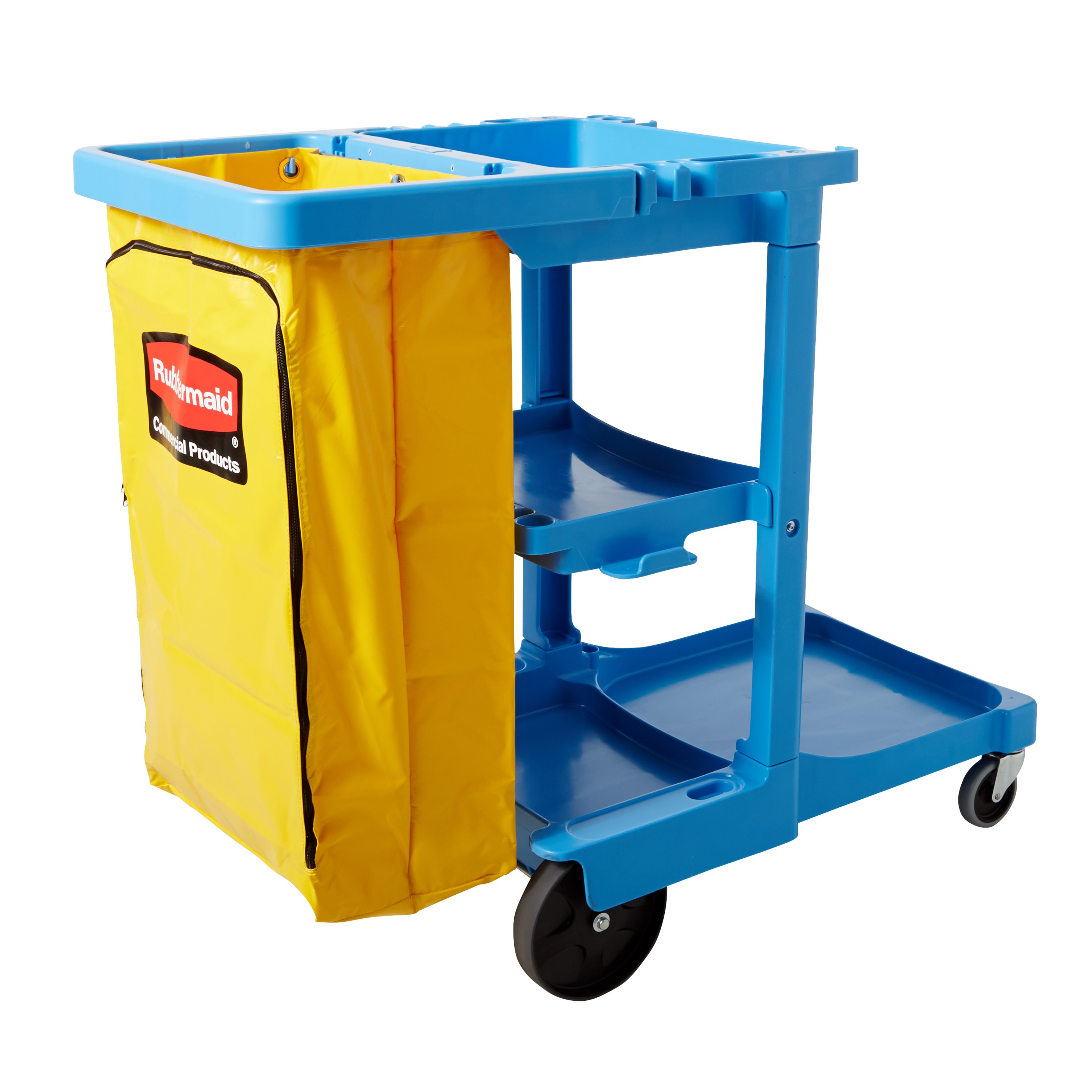 The Traditional Janitorial Cleaning Cart with zippered yellow vinyl bag collects waste and transports tools for efficient cleaning.