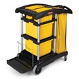 The High-Capacity Janitorial Cleaning Cart with Bins is a flexible, high-capacity cart that is a storage solution and tool organizer, making it efficient to collect waste and transport cleaning equipment.