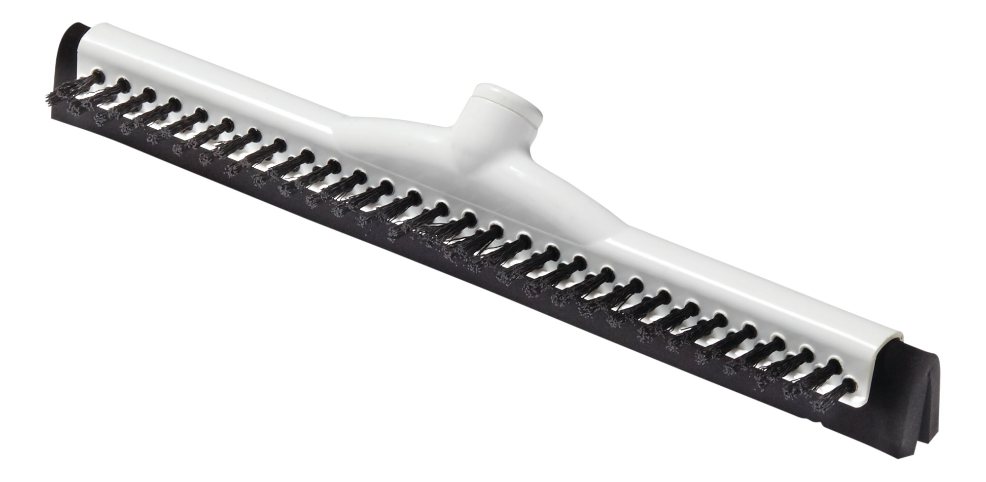 This squeegee features a plastic base. The blade is dual moss rubber. Great for those who want cleaning and drying in the same tool. It features a plastic base and a row of long scrubbing bristles.
