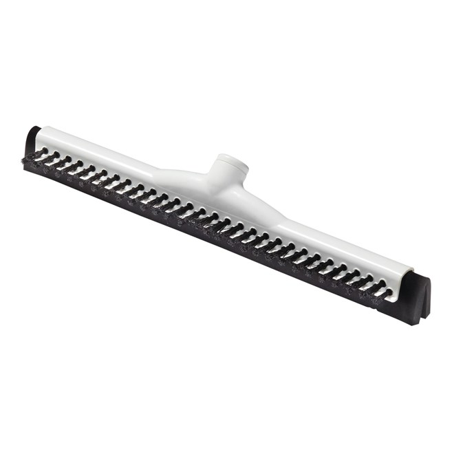 This squeegee features a plastic base. The blade is dual moss rubber. Great for those who want cleaning and drying in the same tool. It features a plastic base and a row of long scrubbing bristles.