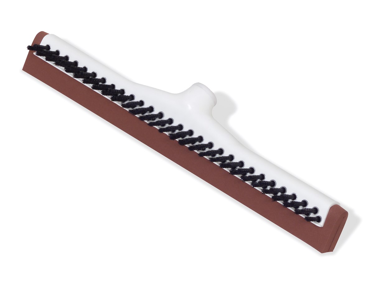 This squeegee features a plastic base. The blade is dual moss rubber. Great for those who want cleaning and drying in the same tool. It features a plastic base and a row of long scrubbing bristles.