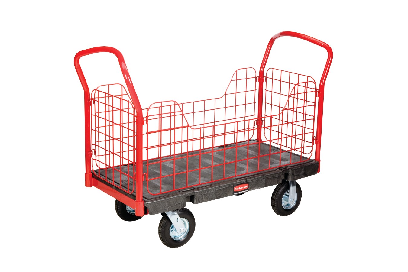 The Rubbermaid Commercial Side Panel Platform Truck 24"X36" with 8"PNEUMATIC casters, 1200 lb. capacity. Ideal for moving large, heavy, oversized loads in a variety of environments from retail to construction.