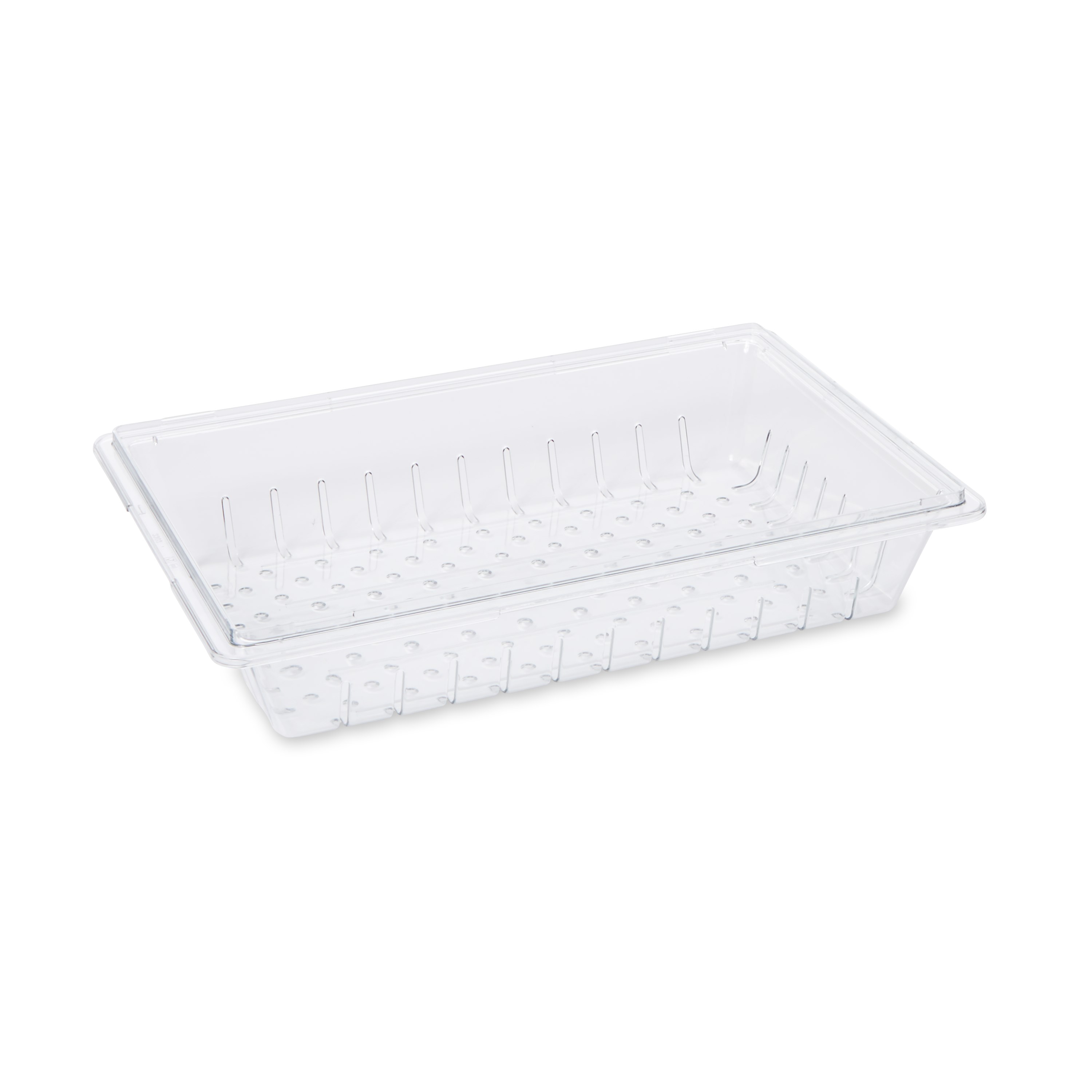 The Rubbermaid Commercial Colander/Drain Tray/Tote Box is a clear, break-resistant drain tray for thawing foods or marinating foods.
