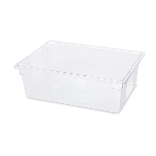 The Rubbermaid Commercial Food Storage Tote Box is a clear, stain-resistant bulk food storage container. It features label and date panels for easy identification.