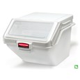 The Rubbermaid Commercial Shelf Ingredient Bin with Scoop offers quick one-handed access while stacked and an integrated measuring tool that increases preparation efficiency, space optimization, and promotes food safety compliance.