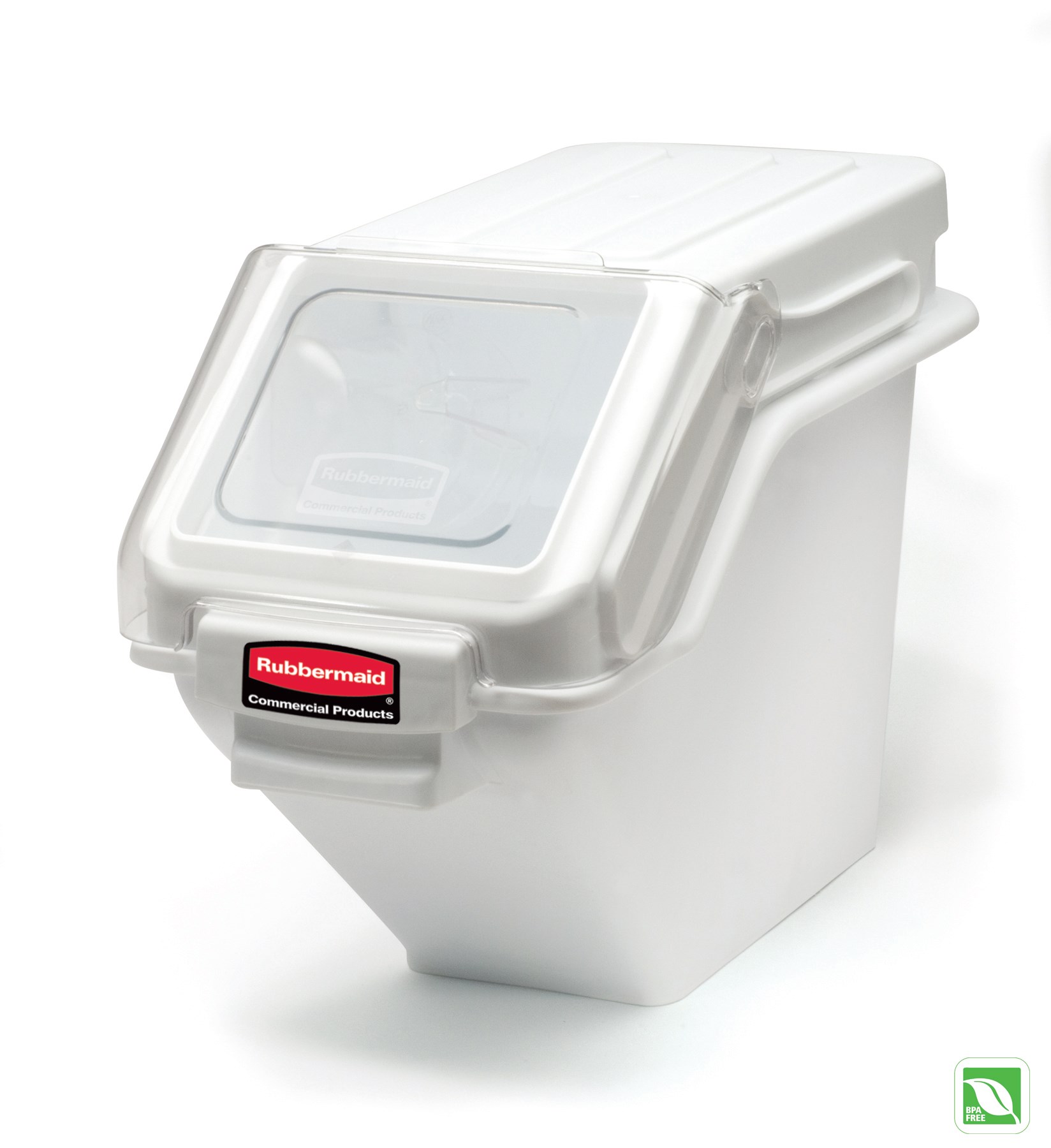 The Rubbermaid Commercial Shelf Ingredient Bin with Scoop offers quick one-handed access while stacked and an integrated measuring tool that increases preparation efficiency, space optimization, and promotes food safety compliance.