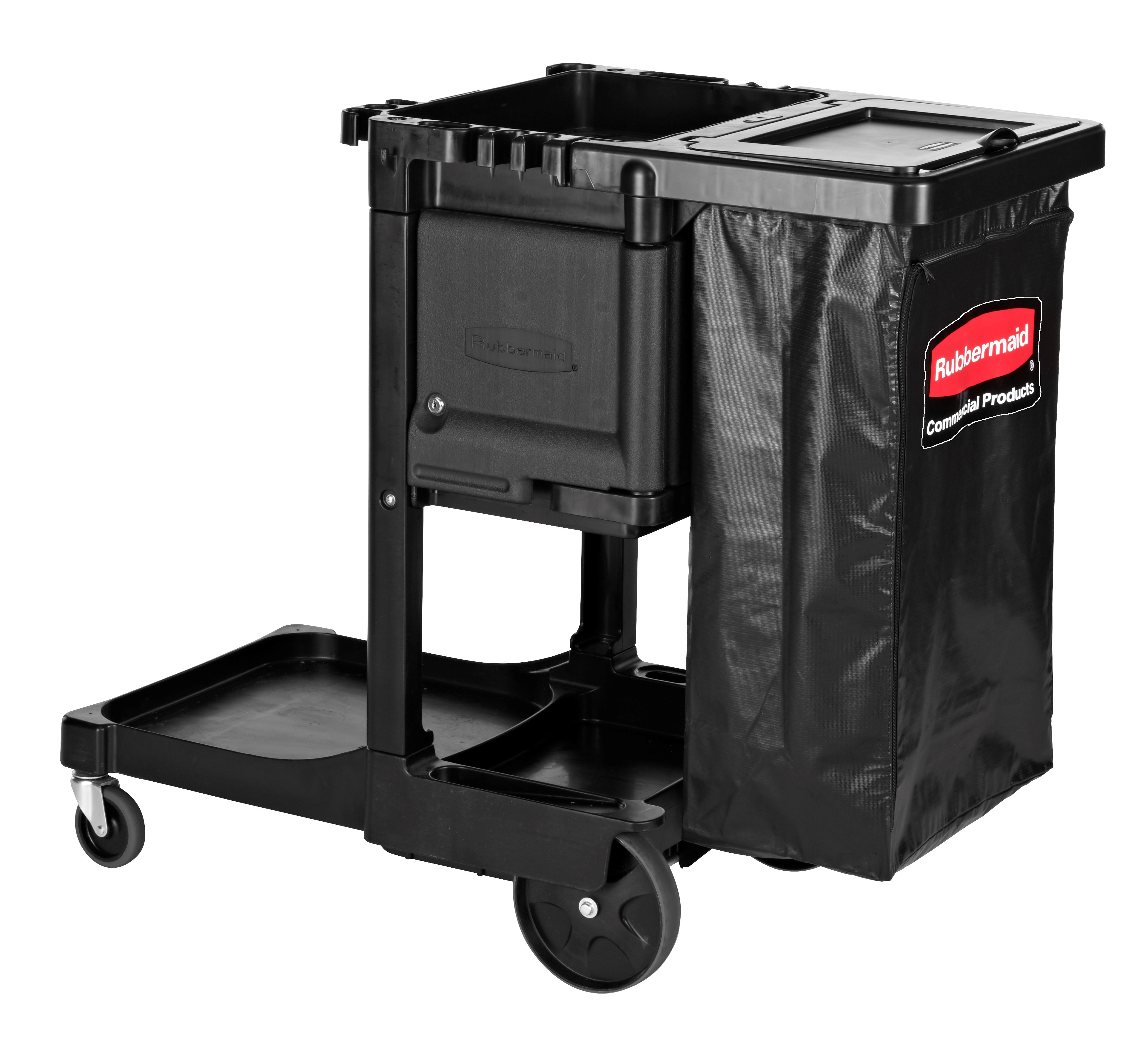 The Traditional Janitorial Cleaning Cart with zippered vinyl bag collects waste and transports tools for efficient cleaning.