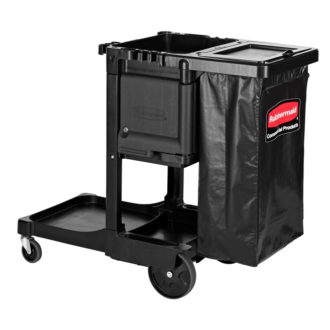 The Traditional Janitorial Cleaning Cart with zippered vinyl bag collects waste and transports tools for efficient cleaning.