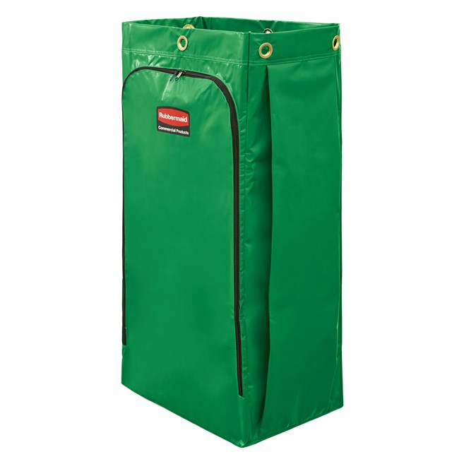 The Rubbermaid Commercial Vinyl Bag for Janitorial Cleaning Carts collects up to 129 l of waste (20% more than traditional cart bags) with zippered front for easy waste removal.