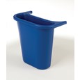 The Rubbermaid Commercial Recycling Side Bin is constructed of polyethylene to be lightweight and durable. It attaches onto medium wastebaskets to create a deskside recycling solution.