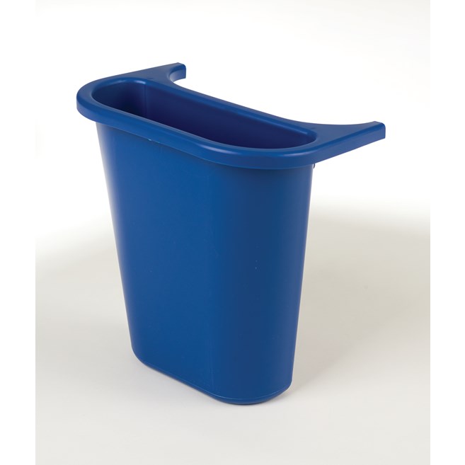 The Rubbermaid Commercial Recycling Side Bin is constructed of polyethylene to be lightweight and durable. It attaches onto medium wastebaskets to create a deskside recycling solution.