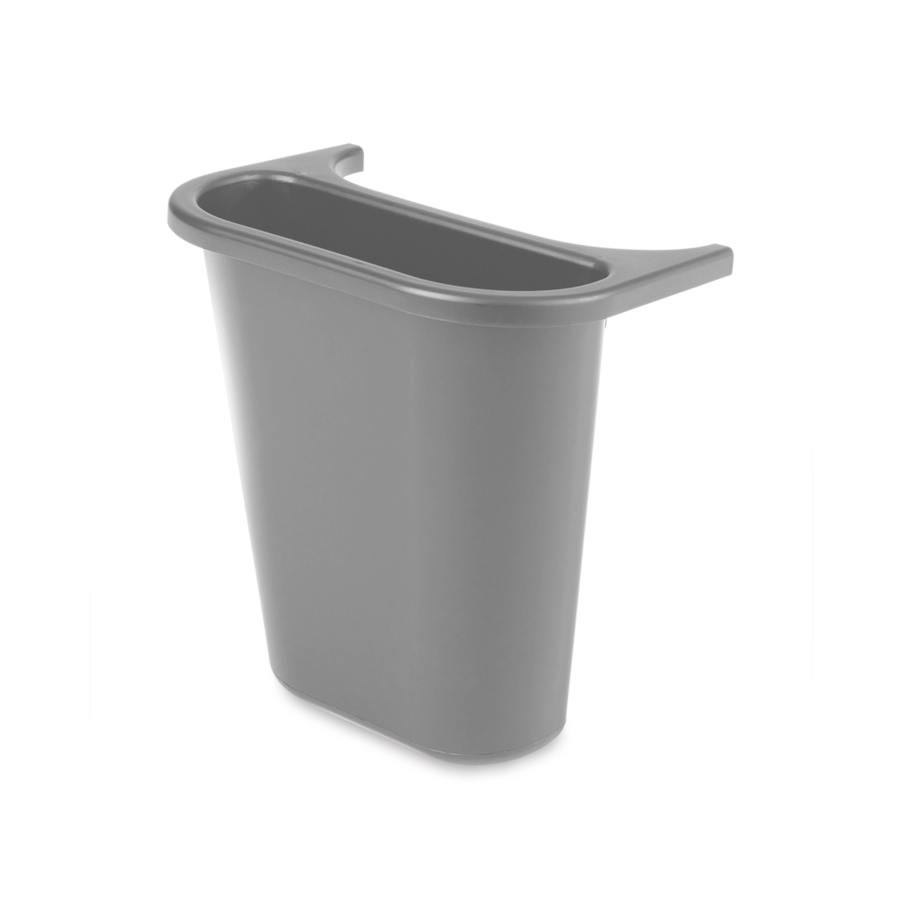 The Rubbermaid Commercial Recycling Side Bin is constructed of polyethylene to be lightweight and durable. It attaches onto medium wastebaskets to create a deskside recycling solution.
