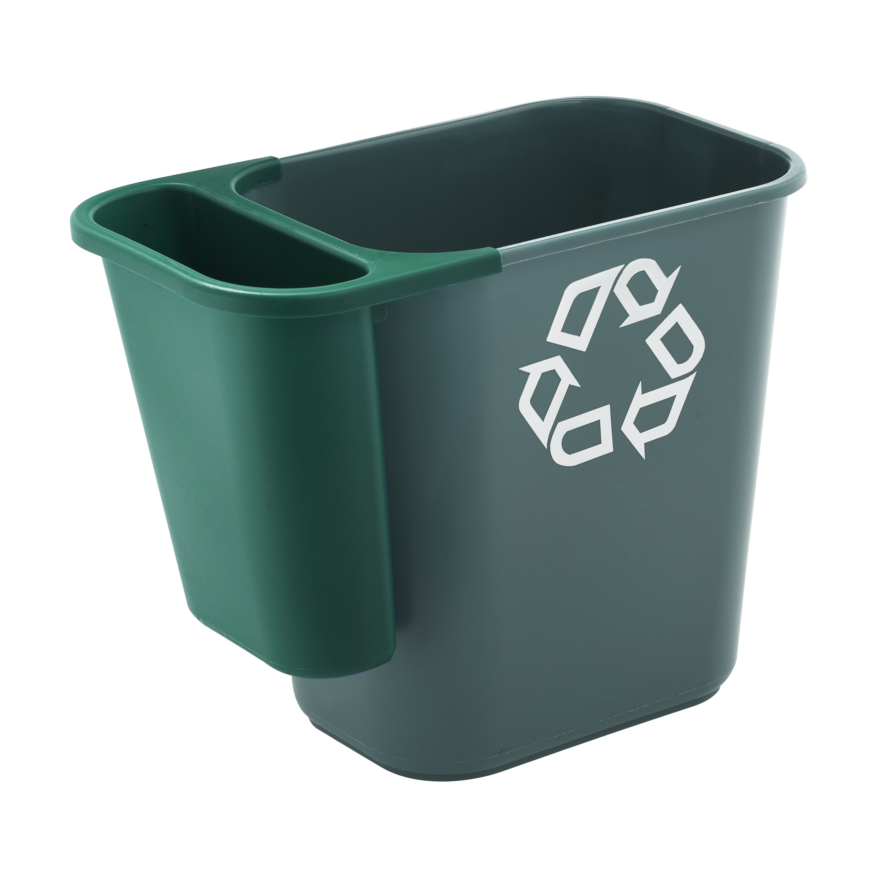 The Rubbermaid Commercial Recycling Side Bin is constructed of polyethylene to be lightweight and durable. It attaches onto medium wastebaskets to create a deskside recycling solution.